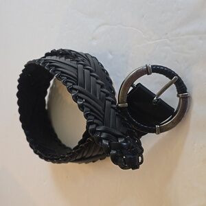 Faded Glory Mens Black leather Woven Silver Buckle Belt Vintage Sz.S/M